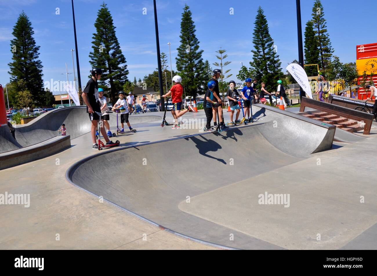 Fremantle,WA,Australia-October 1,2015: Youth Esplanade Plaza skate park with youth scootering in Fremantle, Western Australia. Stock Photo
