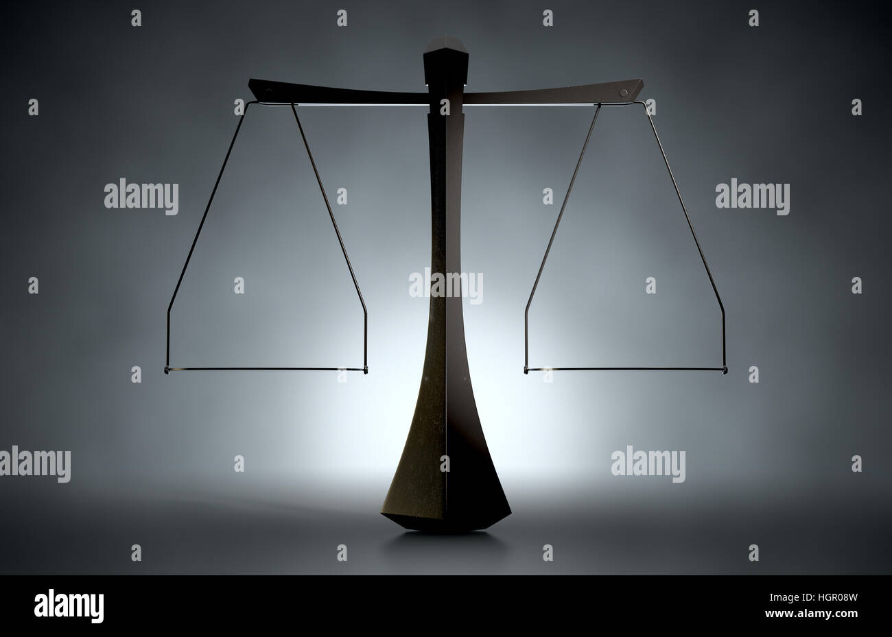 A 3D render of a modern simplistic justice scale back lit on an eerie dark background Stock Photo