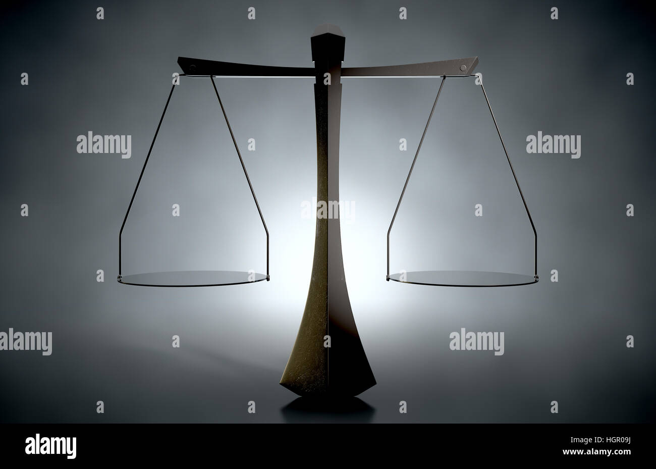 A 3D render of a modern simplistic justice scale back lit on an eerie dark background Stock Photo