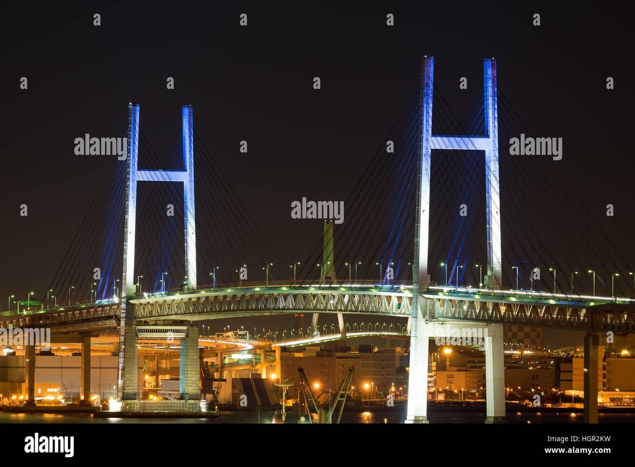 Nightview of Yokohama Bay Bridge in Kanagawa, Japan. Stock Photo