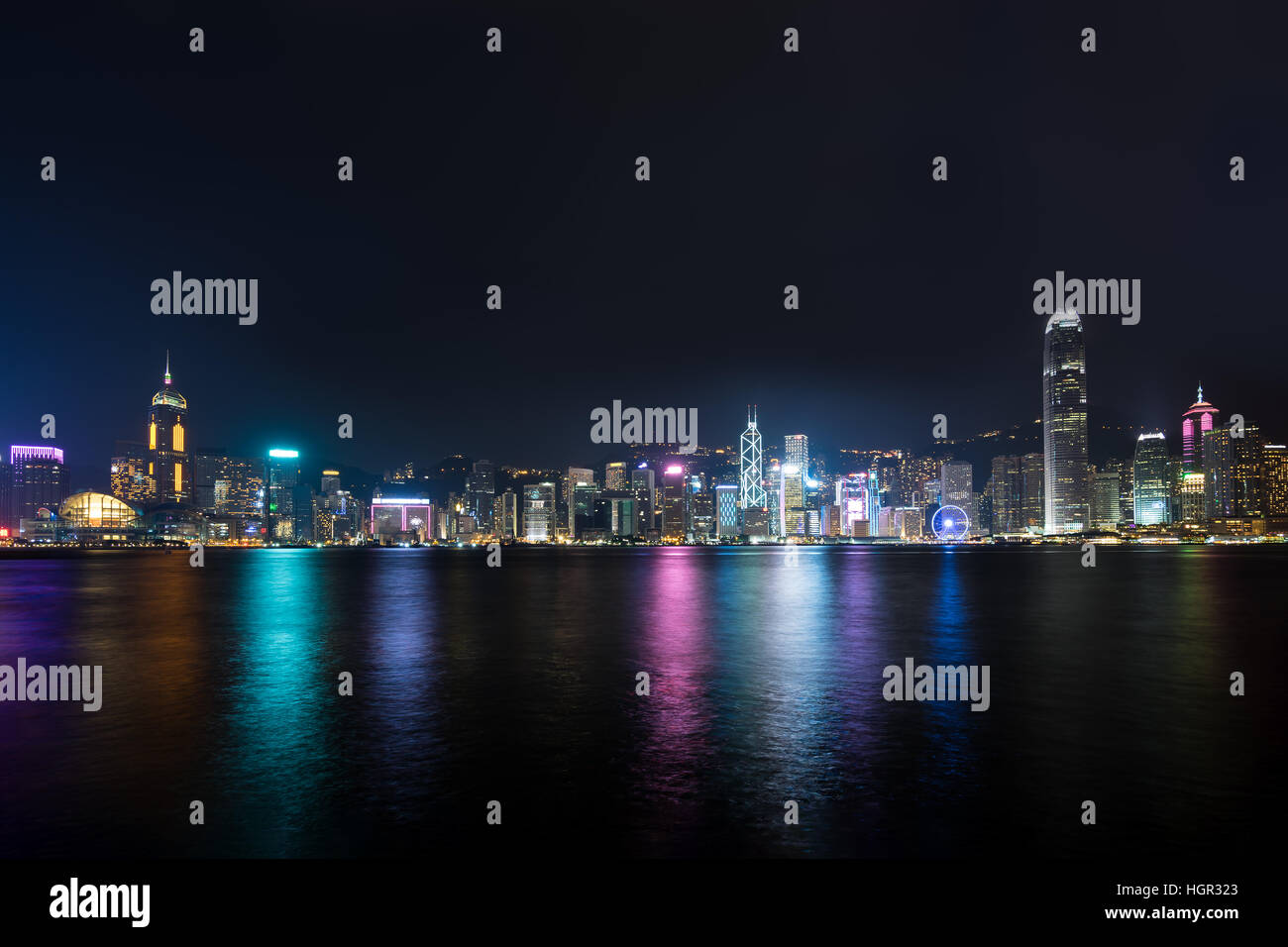 Nightview of Victoria Harbour in Hong Kong. (Hong Kong Island side view from Tsim Sha Tsui) Stock Photo