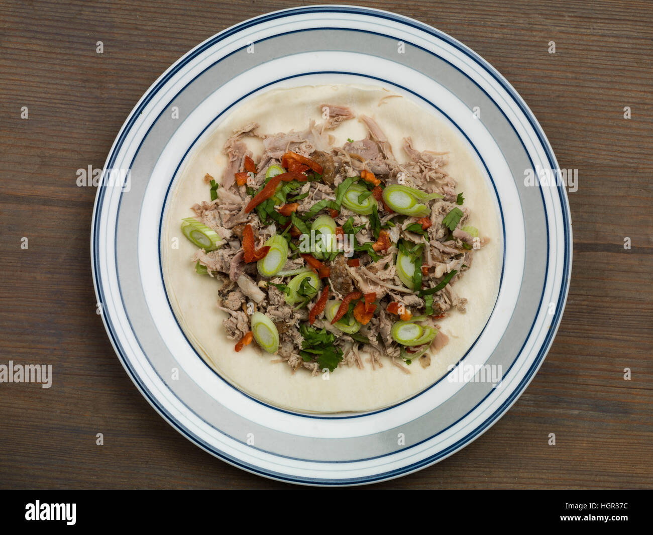 Shredded Roast Peking Duck Served With Pancakes Chinese Meal Stock