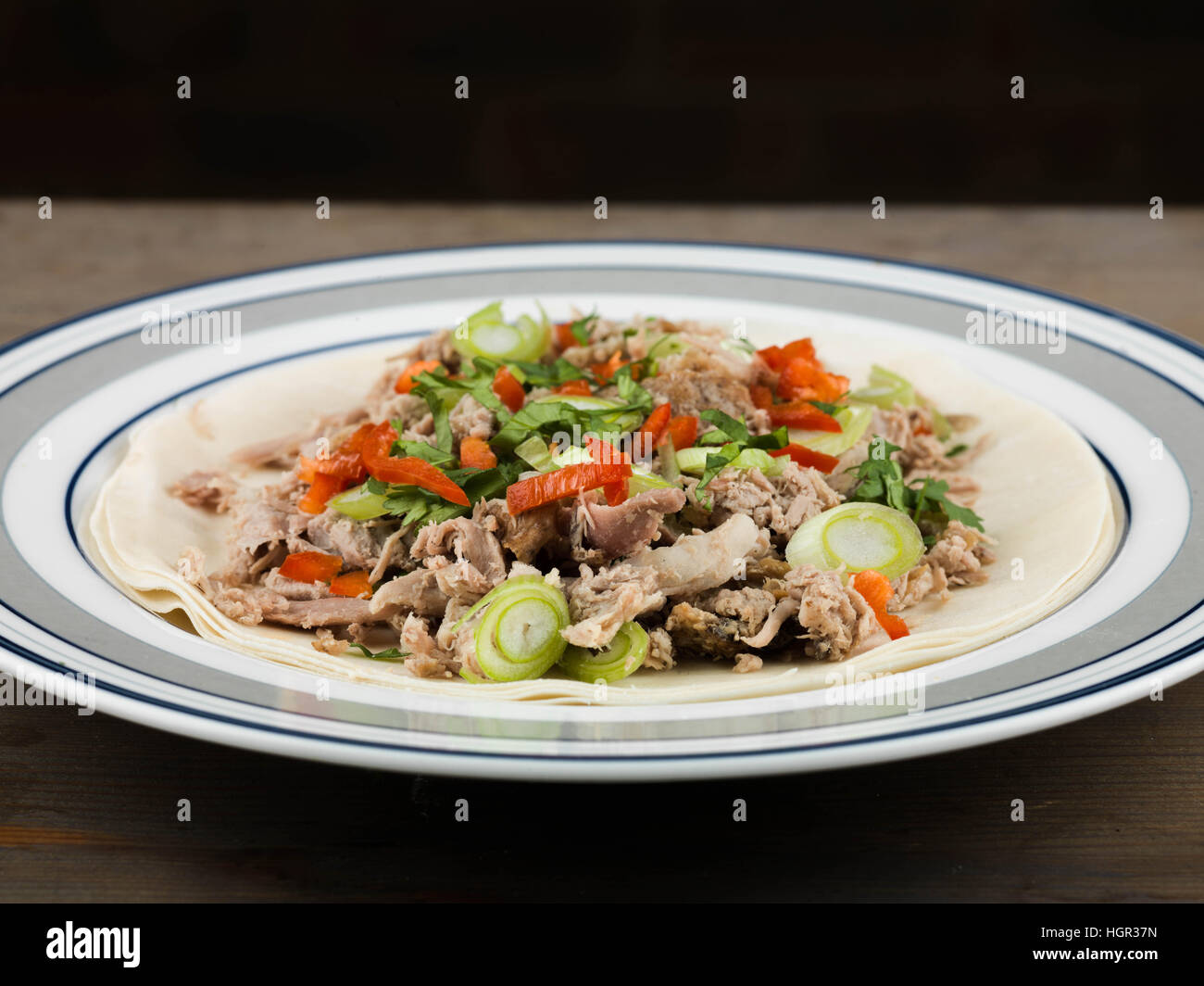 Shredded Roast Peking Duck Served With Pancakes Chinese Meal Stock