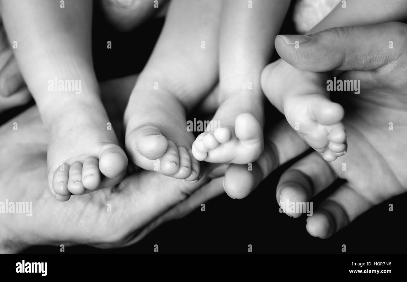 Little Baby Twins Feet in parents hands. Parenthood, family, twins, children and love concept. Stock Photo