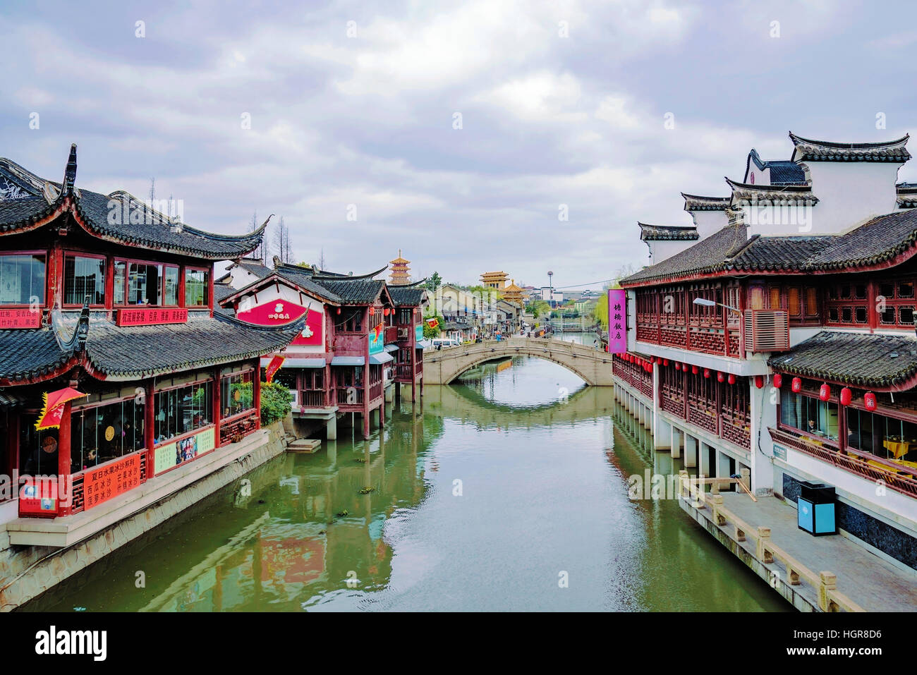 Shanghai, China - March 09, 2016: Newly restored buildings in traditional style in Qibao ancient water town which is a popular tourist destination in Stock Photo