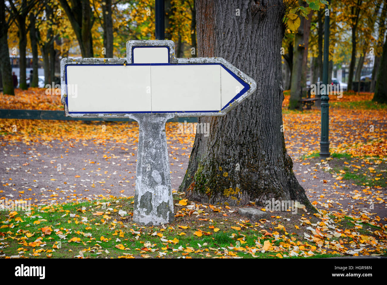Blank vintage roadsign in France, autumnal background Stock Photo