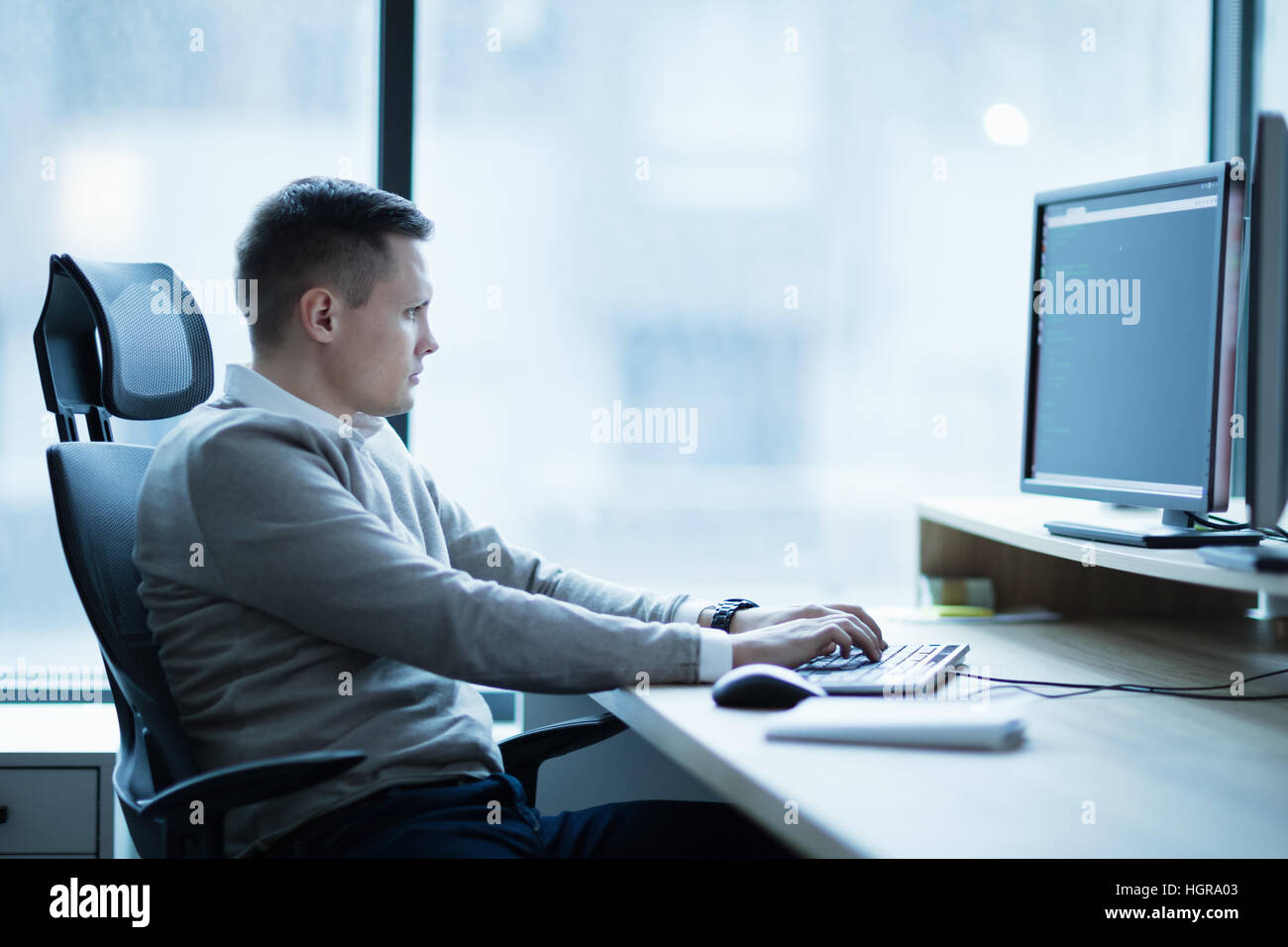 Software developer working on desktop on project in office Stock Photo ...