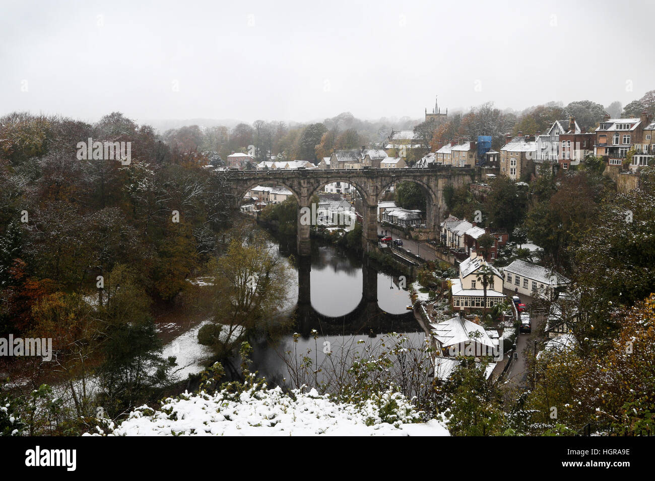 Knaresborough in North Yorkshire is covered with a blanket of snow and ice after heavy snowfall overnight. The Met Office has issued a severe weather Stock Photo