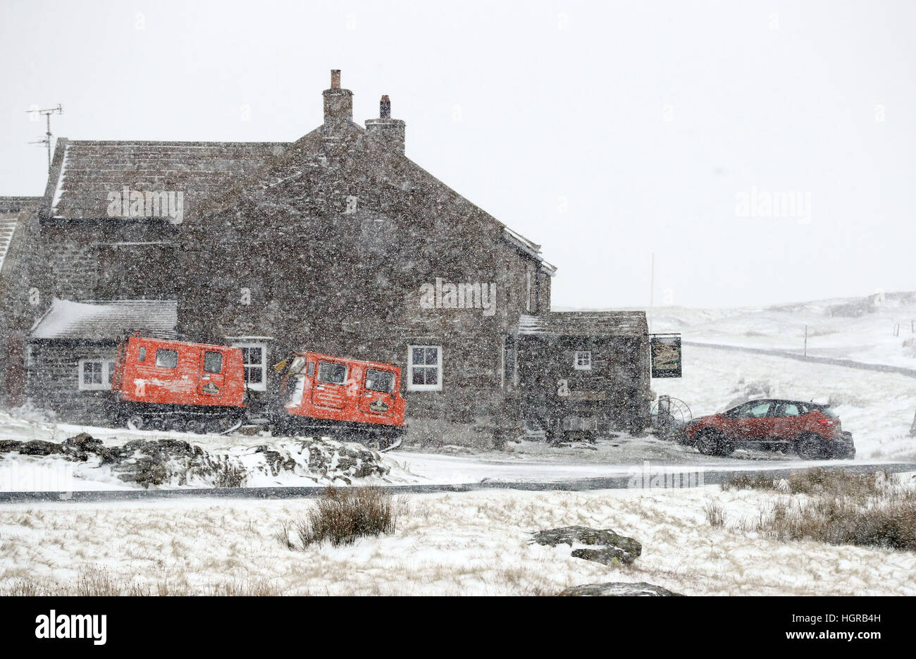 Snow falls at the Tan Hill Inn in North Yorkshire, as blizzard conditions are set to sweep in