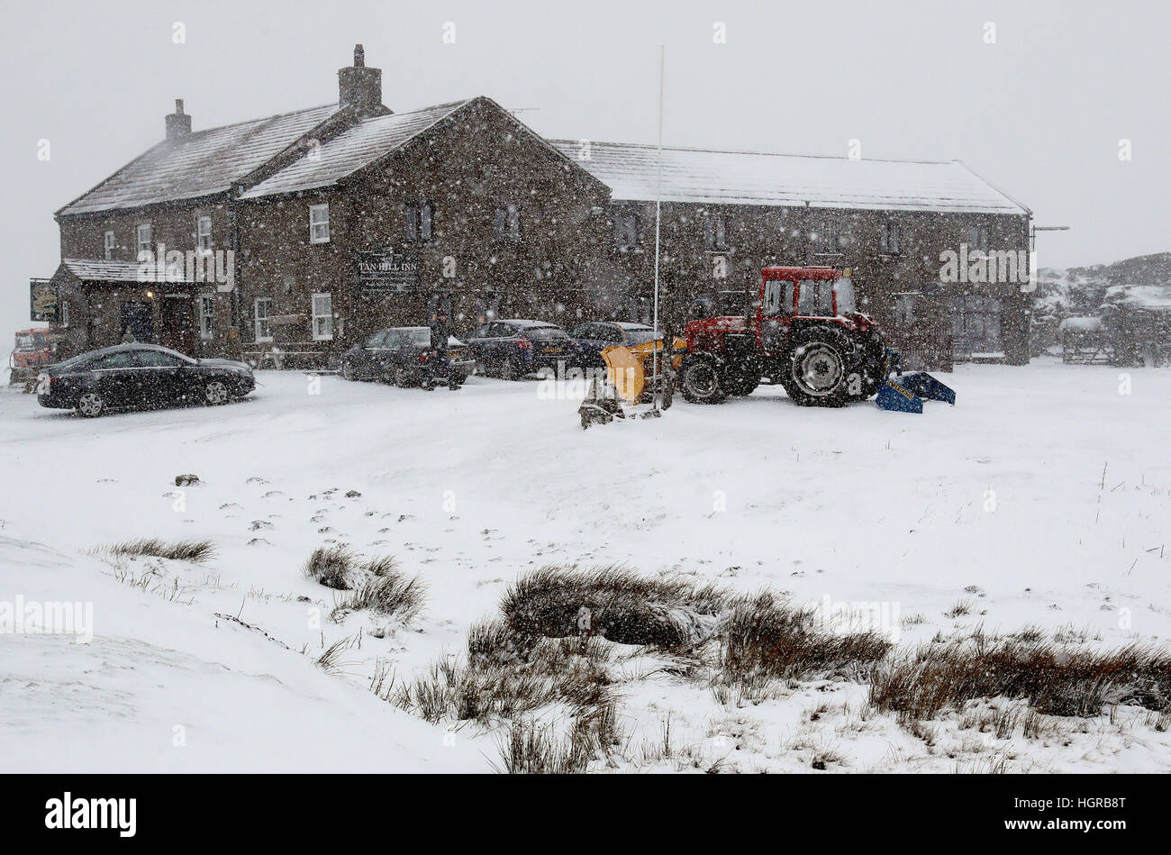 Snow falls at the Tan Hill Inn in North Yorkshire, as blizzard conditions are set to sweep in