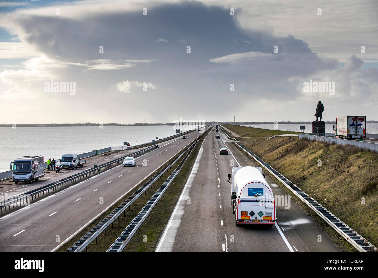 The final dike, Afsluitdijk, a 32-kilometer dyke separating the IJsselmeer from the Zuidersee, Wattenmeer, Autobahn 7, Stock Photo