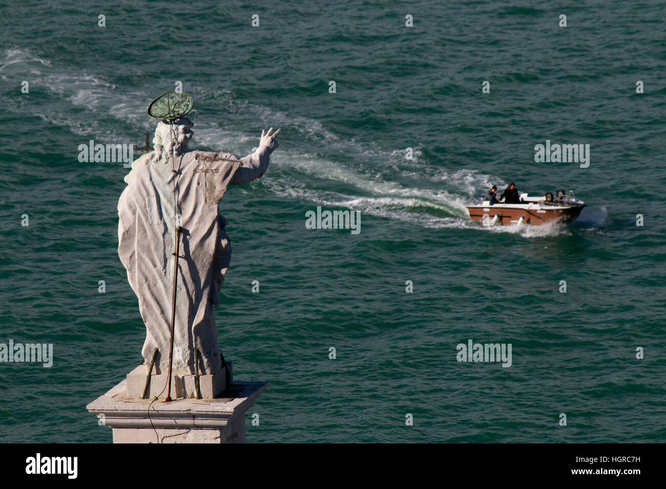 Panorama: Luftbild, Boot, Skulptur, Venedig, Italien. Stock Photo