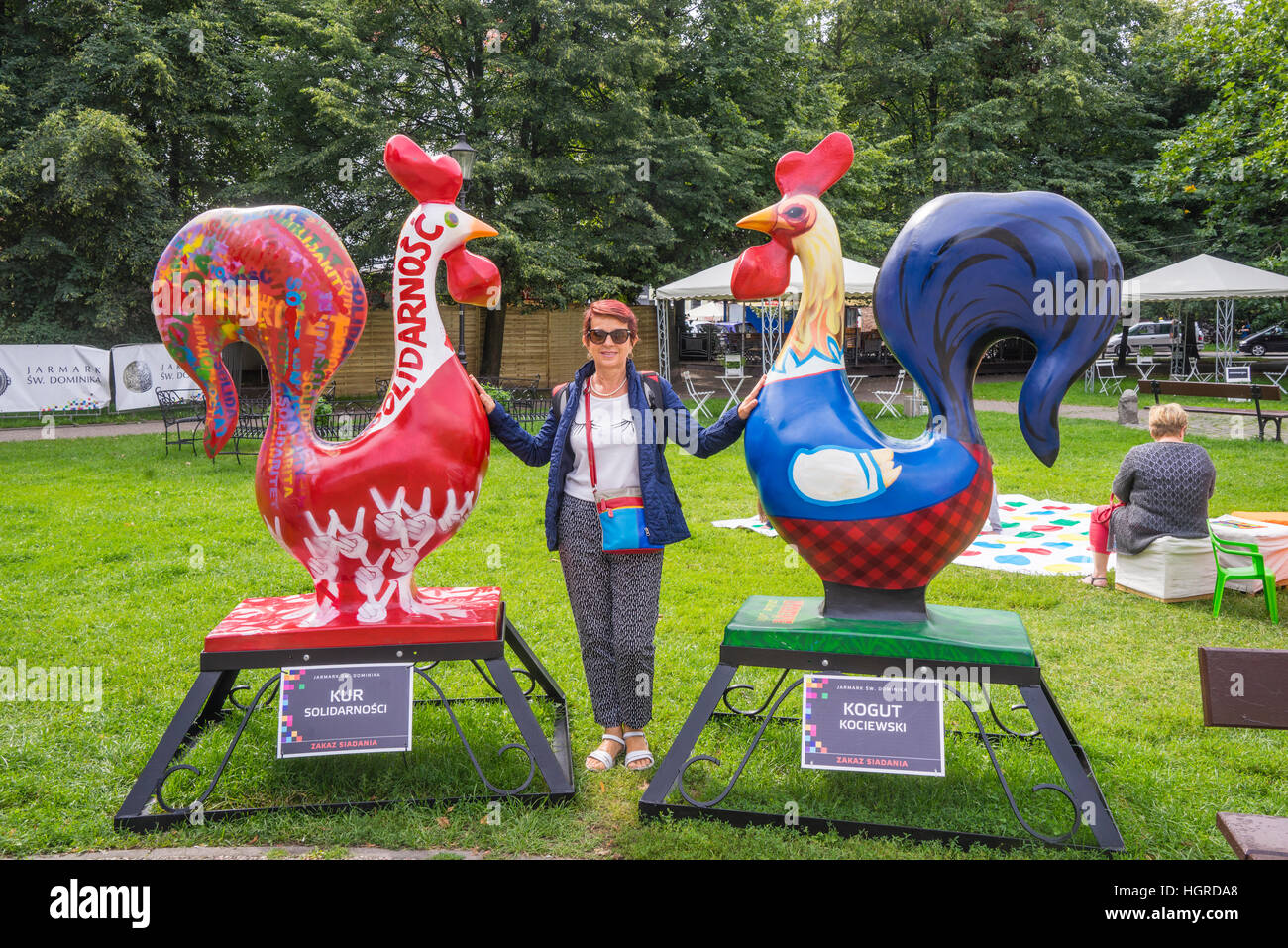 Poland, Pomerania, Gdansk (Danzig), rooster sculpture exhibit during the annual St. Dominic's Fair at Kobzdej Square Stock Photo