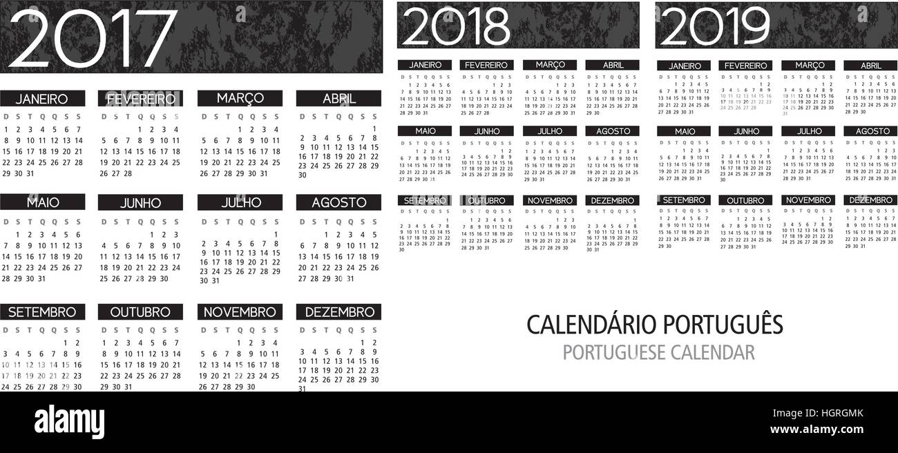 portuguese calendar vector template 2017 2018 2019 text is outline Stock Vector