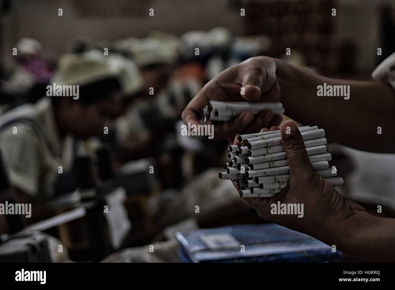 January 6, 2017 - Surabaya, East Java, Indonesia - EAST JAVA, INDONESIA - JANUARY 12 : Indonesian workers handrolling clove cigarettes at Cigarettes factory on January 06, 2017 in Surabaya, East Java, Indonesia. Indonesia is world largets cigarettes produce. (Credit Image: © Sijori Images via ZUMA Wire) Stock Photo