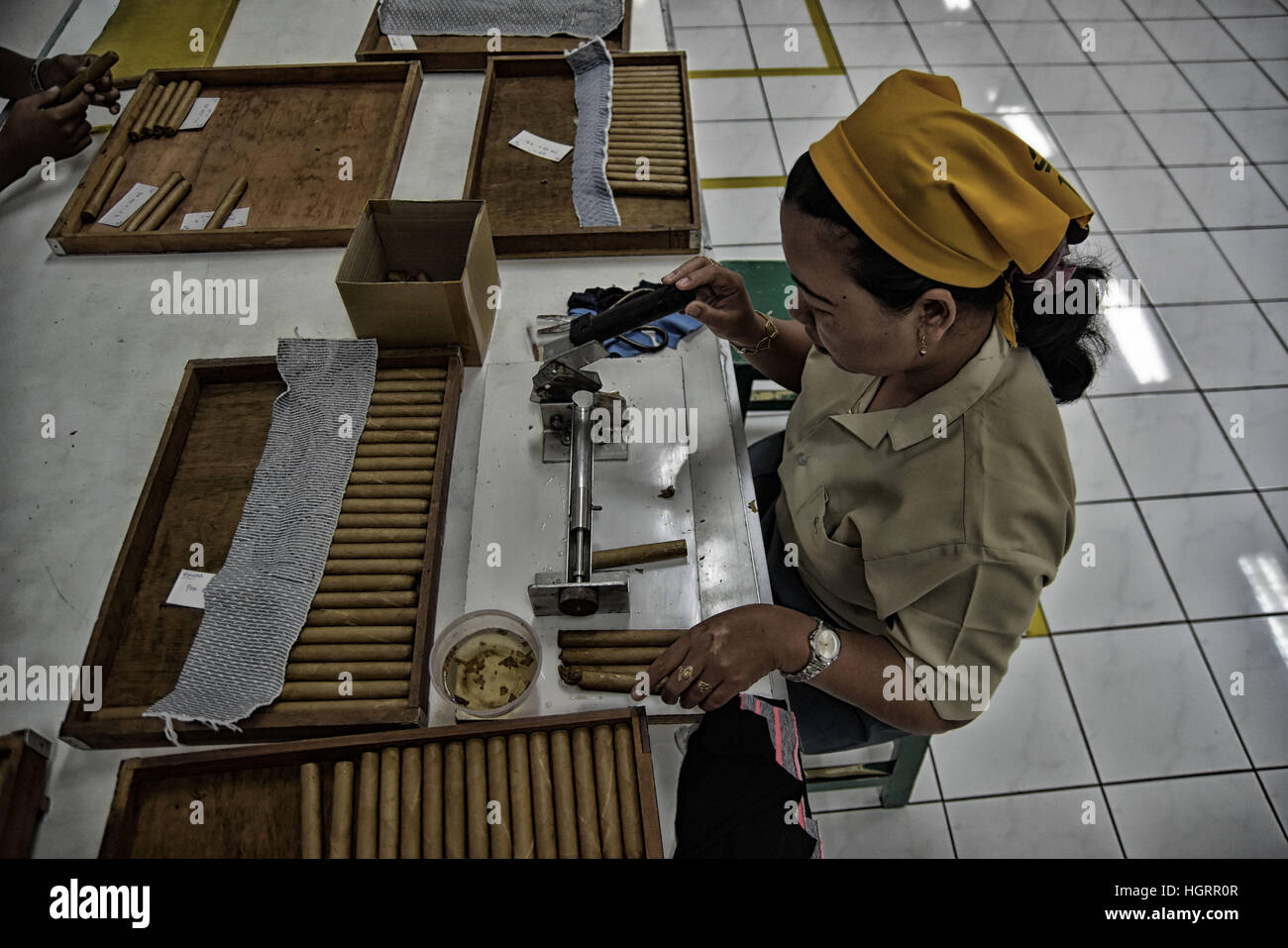 January 6, 2017 - Surabaya, East Java, Indonesia - EAST JAVA, INDONESIA - JANUARY 12 : Indonesian workers handrolling clove cigarettes at Cigarettes factory on January 06, 2017 in Surabaya, East Java, Indonesia. Indonesia is world largets cigarettes produce. (Credit Image: © Sijori Images via ZUMA Wire) Stock Photo