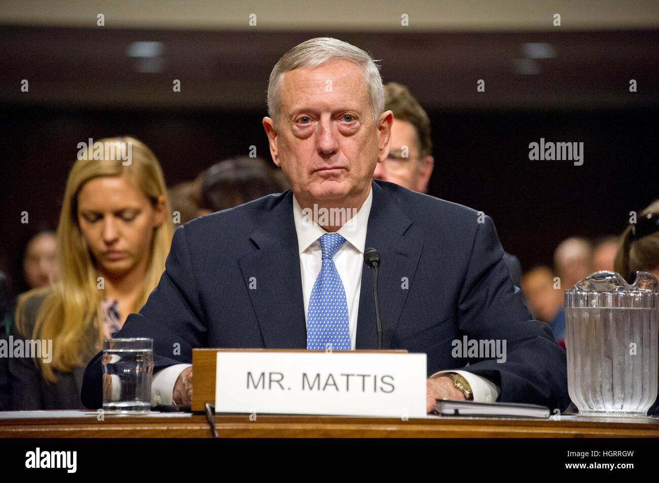 Washington DC, USA. 12th January 2017. United States Marine Corps General James N. Mattis (retired) testifies before the US Senate Committee on Armed Services during his confirmation hearing to be Secretary of Defense on Capitol Hill in Washington, DC on Thursday, January 12, 2017. Credit: MediaPunch Inc/Alamy Live News Stock Photo