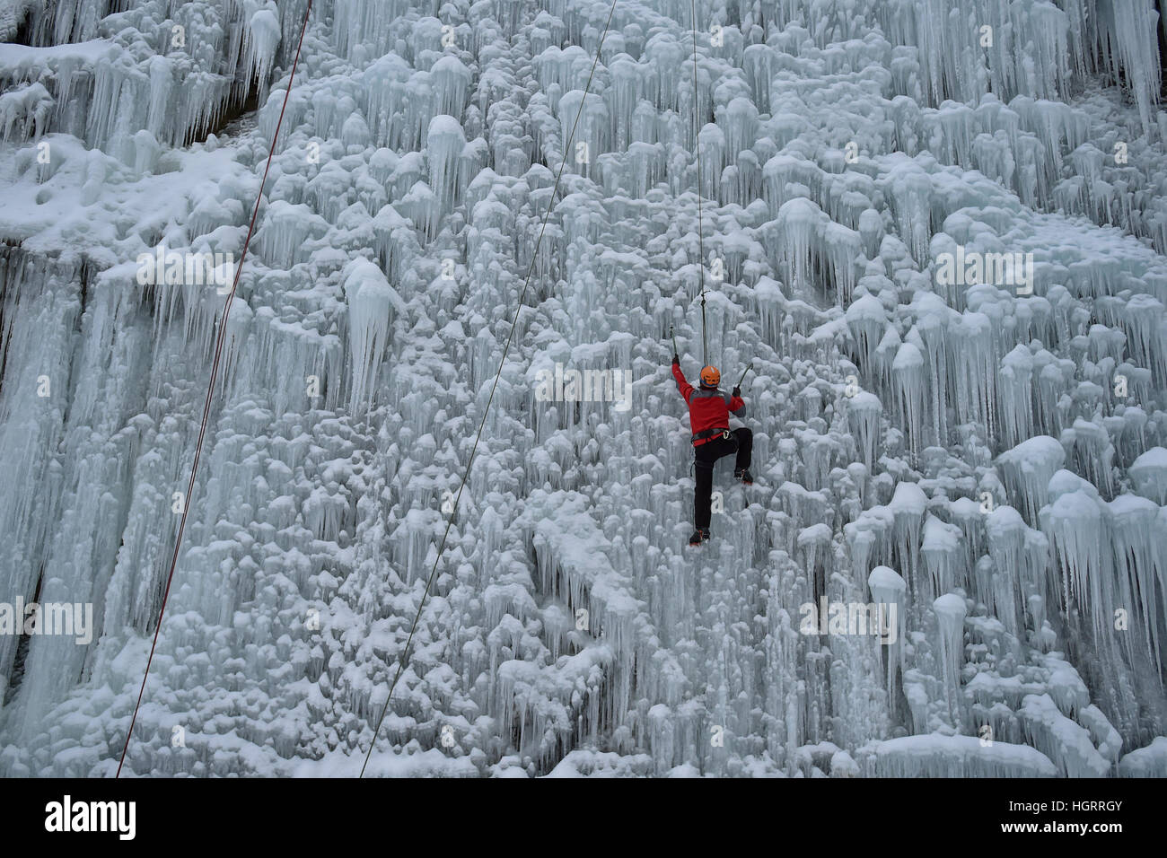 Liberec, Czech Republic. 12th Jan, 2017. A man climbs up an artificial ice wall in Liberec, Czech Republic, Thursday, January 12, 2017. Central Europe has been hit by unusually freezing weather in recent days. © Radek Petrasek/CTK Photo/Alamy Live News Stock Photo