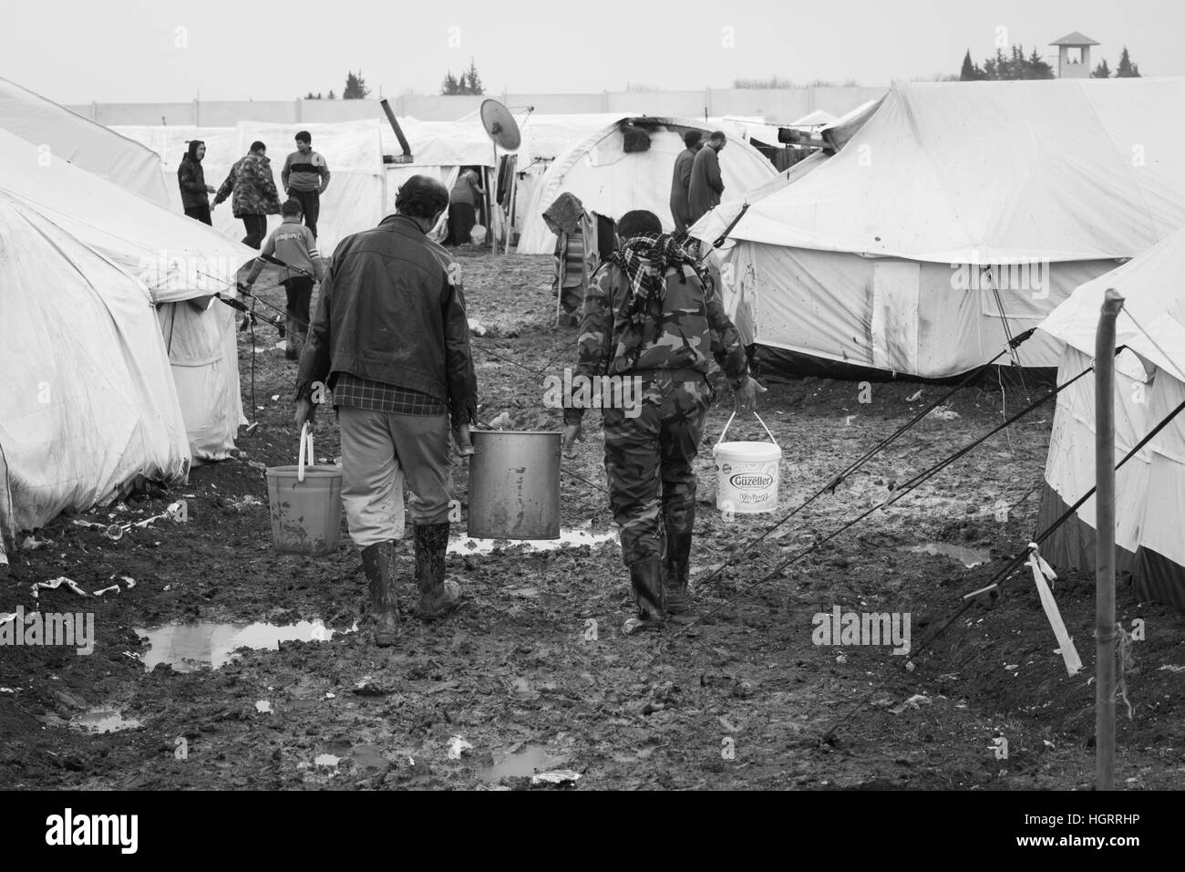Azaz, Syria - January 29, 2014. Syrian refugee camp  near the village Azaz 60 kilometers from Aleppo in Syria close the border with Turkey in Kilis. Stock Photo