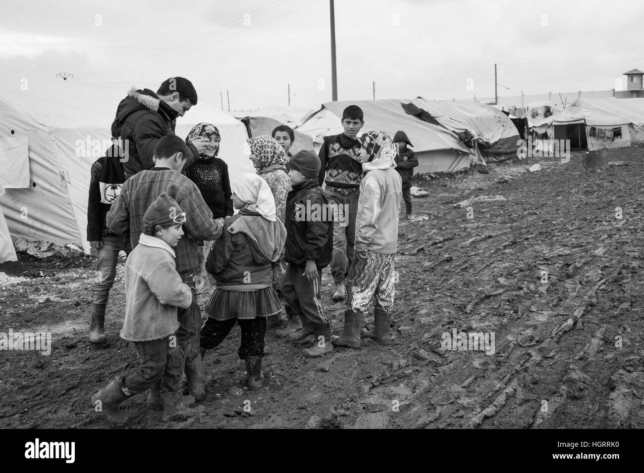 Azaz, Syria - January 29, 2014. Syrian refugee camp  near the village Azaz 60 kilometers from Aleppo in Syria close the border with Turkey in Kilis. Stock Photo