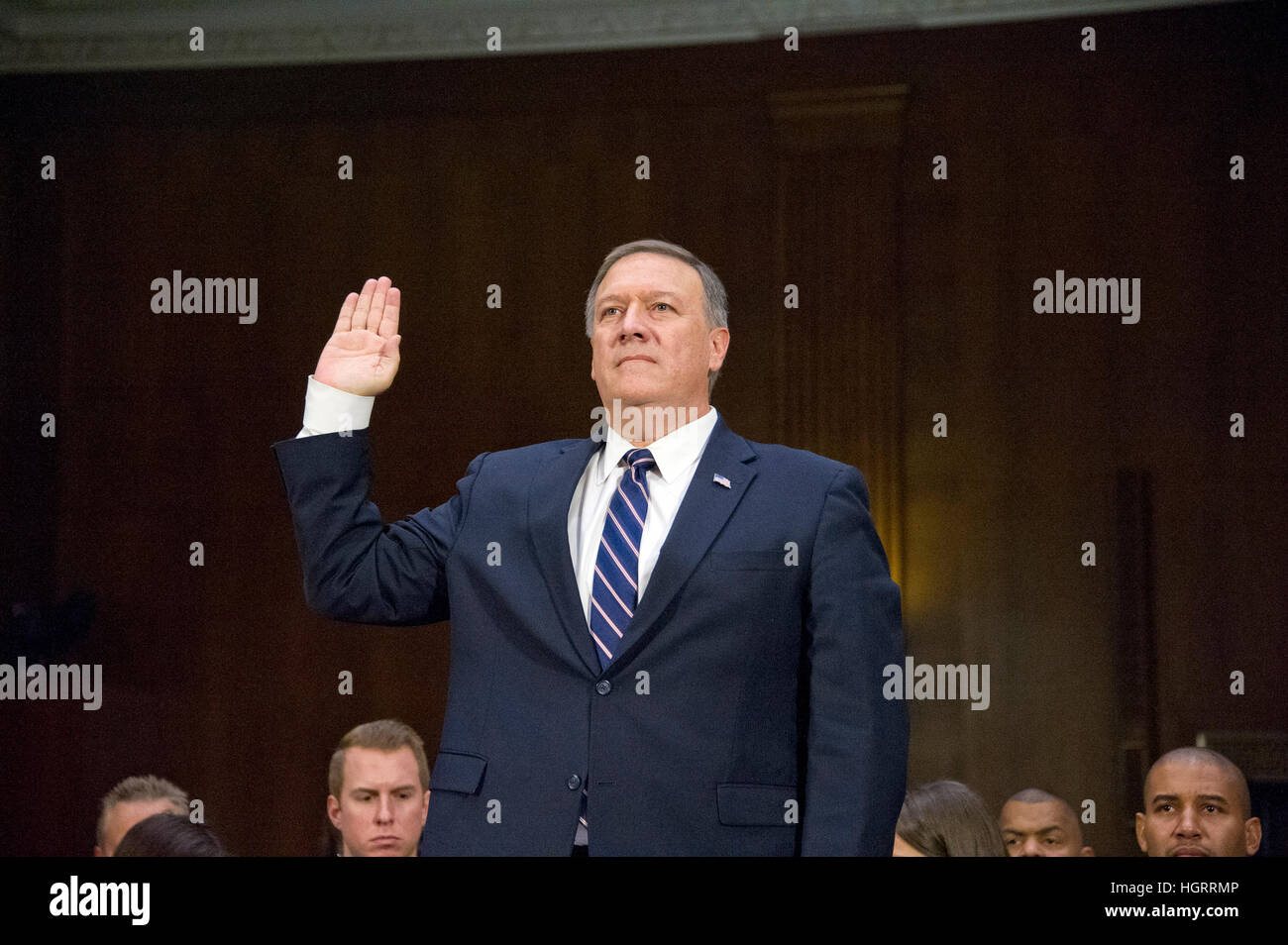 Washington DC, USA. 12th January 2017. United States Representative Mike Pompeo (Republican of Kansas) is sworn-in to testify before the US Senate Select Committee on Intelligence during a confirmation hearing on his nomination to be Director of the Central Intelligence Agency (CIA) on Capitol Hill in Washington, DC on Thursday, January 12, 2017. Credit: MediaPunch Inc/Alamy Live News Stock Photo