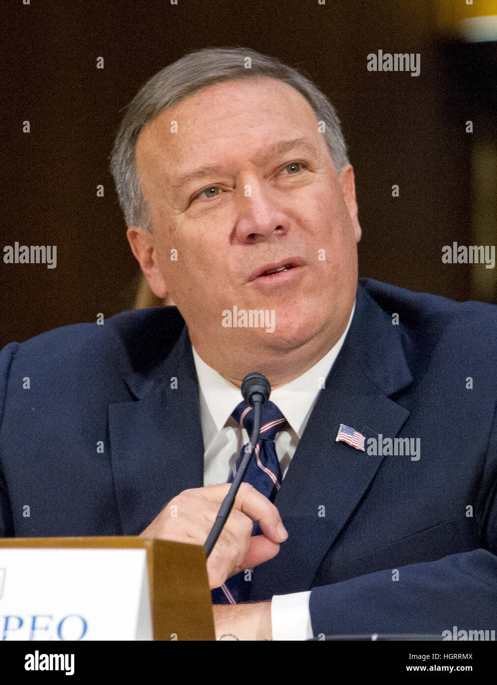 Washington DC, USA. 12th January 2017. United States Representative Mike Pompeo (Republican of Kansas) testifies before the US Senate Select Committee on Intelligence during a confirmation hearing on his nomination to be Director of the Central Intelligence Agency (CIA) on Capitol Hill in Washington, DC on Thursday, January 12, 2017. Credit: MediaPunch Inc/Alamy Live News Stock Photo