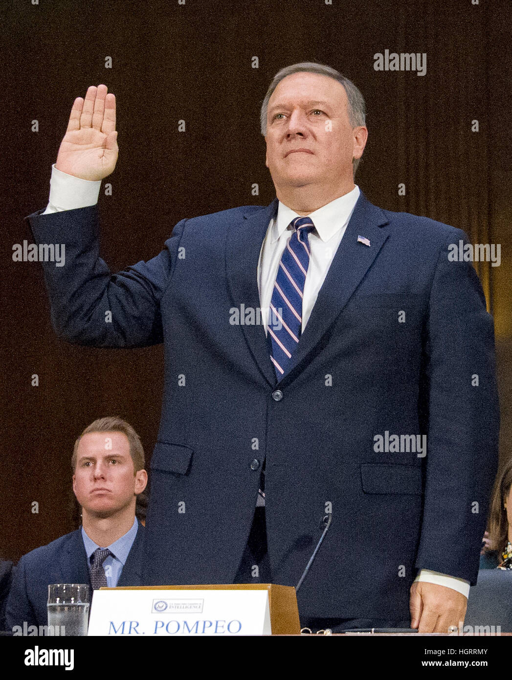 Washington DC, USA. 12th January 2017. United States Representative Mike Pompeo (Republican of Kansas) is sworn-in to testify before the US Senate Select Committee on Intelligence during a confirmation hearing on his nomination to be Director of the Central Intelligence Agency (CIA) on Capitol Hill in Washington, DC on Thursday, January 12, 2017. Credit: MediaPunch Inc/Alamy Live News Stock Photo
