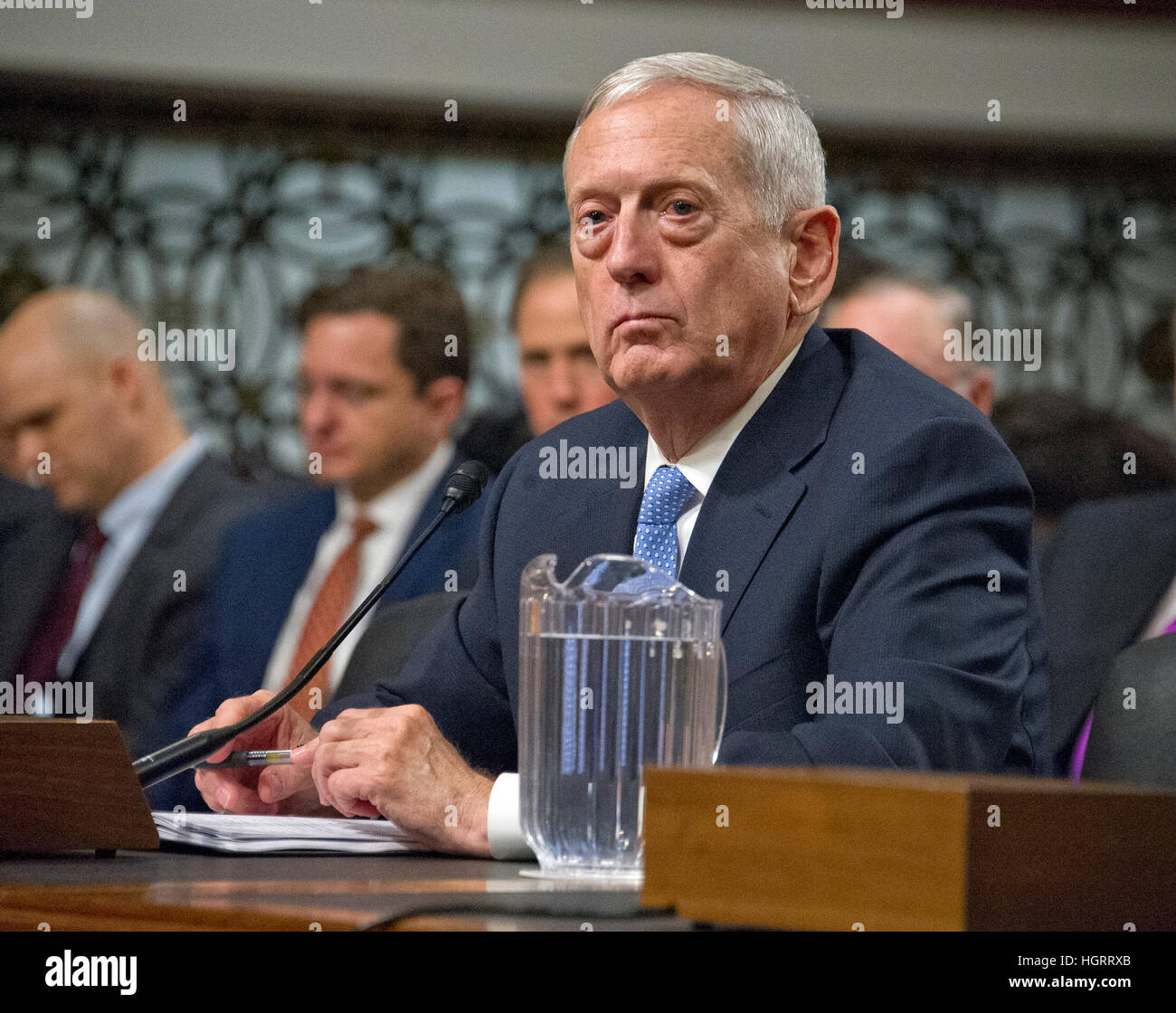 Washington DC, USA. 12th January 2017. United States Marine Corps General James N. Mattis (retired) testifies before the US Senate Committee on Armed Services during his confirmation hearing to be Secretary of Defense on Capitol Hill in Washington, DC on Thursday, January 12, 2017. Credit: MediaPunch Inc/Alamy Live News Stock Photo