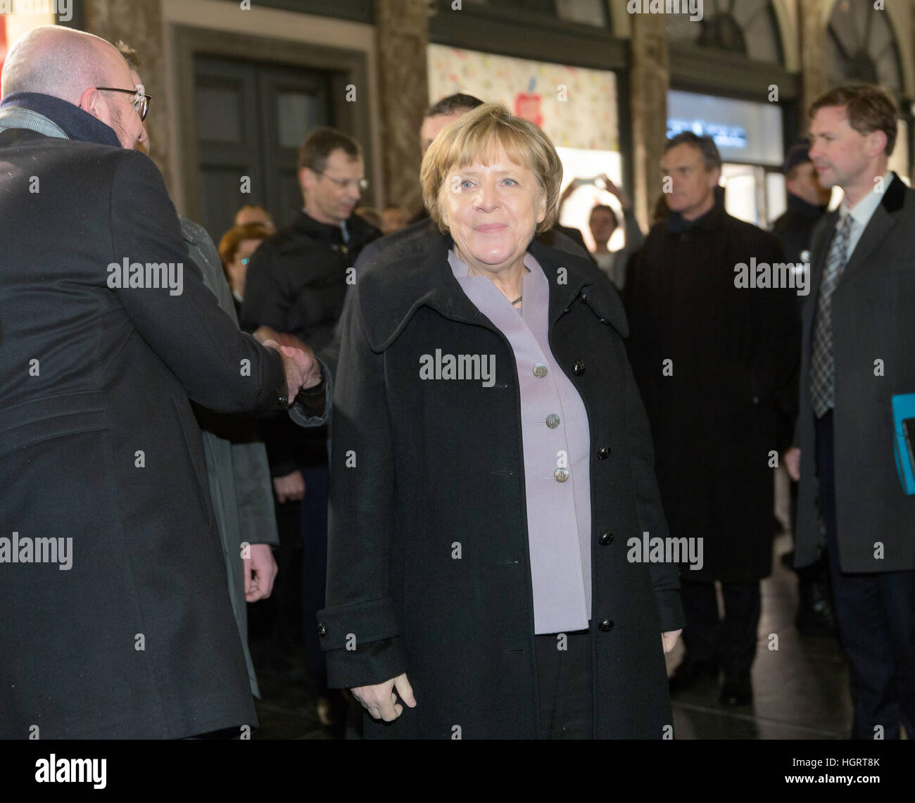 Brussels, Belgium. 12th Jan, 2017. The German Chancellor Angela Merkel (CDU) with the Belgian Prime Minister Charles Michel (L) in the Taverne du Passage in Brussels, Belgium, 12 January 2017. Photo: Thierry Monasse/dpa/Alamy Live News Stock Photo