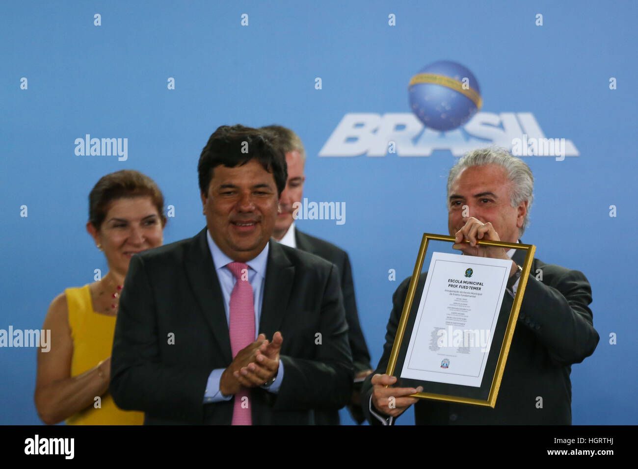 Praia Grande, Brazil. 12th Jan, 2017. The President of the Republic Michel Temer visited the city of Praia Grande (SP) on the afternoon of Thursday (12) to attend the Teacher School Opening Ceremony Fued Temer located in Leme Street 27, District Wilhelmina. © Jales Valquer/FotoArena/Alamy Live News Stock Photo