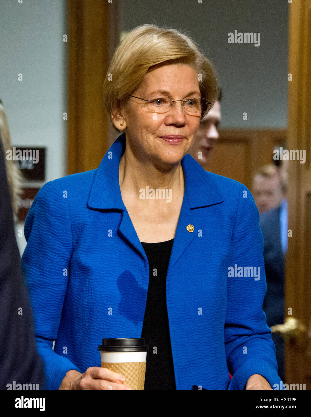 Washington DC, USA. 12th January 2017. United States Senator Elizabeth Warren (Democrat of Massachusetts) arrives for the United States Senate Committee on Armed Services confirmation hearing on the nomination of US Marine Corps General James N. Mattis (retired) to be Secretary of Defense on Capitol Hill in Washington, DC on Thursday, January 12, 2017. Credit: MediaPunch Inc/Alamy Live News Stock Photo
