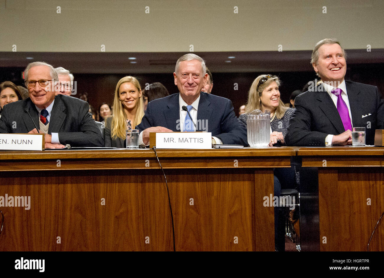 Washington DC, USA. 12th January 2017. Former United States Senator Sam Nunn (Democrat of Georgia), left, and former US Secretary of Defense William Cohen, right, appear before the United States Senate Committee on Armed Services as it holds a confirmation hearing on the nomination of US Marine Corps General James N. Mattis (retired), center, to be Secretary of Defense on Capitol Hill in Washington, DC on Thursday, January 12, 2017. Nunn and Cohen each introduced and endorsed Mattis for the post. Credit: MediaPunch Inc/Alamy Live News Stock Photo