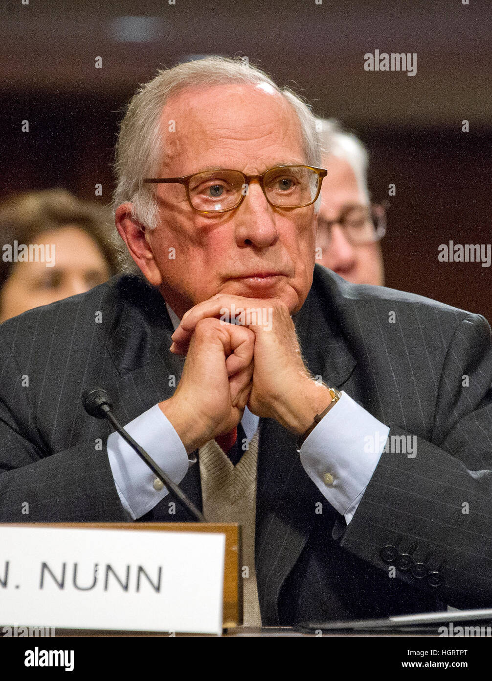 Washington DC, USA. 12th January 2017. Former United States Senator Sam Nunn (Democrat of Georgia) appears before the United States Senate Committee on Armed Services as it holds a confirmation hearing on the nomination of US Marine Corps General James N. Mattis (retired) to be Secretary of Defense on Capitol Hill in Washington, DC on Thursday, January 12, 2017. Nunn introduced and endorsed Mattis for the post. Credit: MediaPunch Inc/Alamy Live News Stock Photo