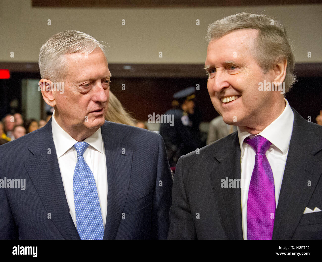Washington DC, USA. 12th January 2017. US Marine Corps General James N. Mattis (retired), left and former US Secretary of Defense William Cohen, right, share a thought prior to the US Senate Committee on Armed Services confirmation hearing on Mattis' nomination to be US Secretary of Defense on Capitol Hill in Washington, DC on Thursday, January 12, 2017. Cohen, who also served in the US Senate as a Republican from Maine, introduced and endorsed Mattis. Credit: MediaPunch Inc/Alamy Live News Stock Photo