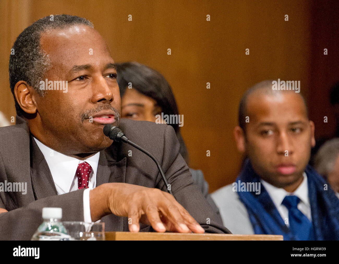 Washington, USA. 12th Jan, 2017. Dr. Benjamin Carson testifies before the United States Senate Committee on Banking, Housing, and Urban Affairs during a confirmation hearing on his nomination to be Secretary of Housing and Urban Development (HUD) on Capitol Hill in Washington, DC. Credit: Ron Sachs/CNP Foto: Ron Sachs/Consolidated/dpa/Alamy Live News Stock Photo