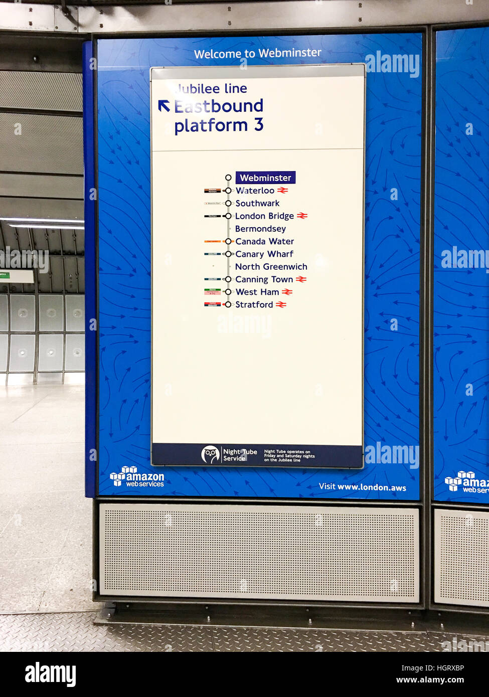 London, United Kingdom. 12th January, 2017. London Underground Westminster  Station has been rebranded as 'Webminster' Station during a one-day  campaign sponsored by Amazon, in collaboration with Transport for London.  Credit: Kathy Li/Alamy