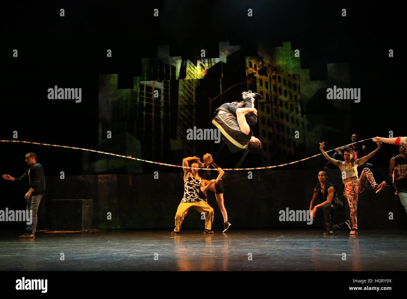 Sydney, Australia. 13 January 2017. Running from 12-22 January, Circus City is a dynamic celebration of circus at Riverside Theatres and Prince Alfred Square park in Parramatta for the Sydney Festival. Pictured: Australian exclusive of ‘iD’ by Cirque Éloize, Canada, a high-energy blend of circus arts and urban dance featuring fifteen acrobats, aerialists, hip hop and break dancers. Credit: © Richard Milnes/Alamy Live News Stock Photo
