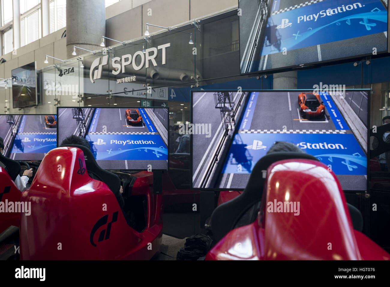 Tokyo, Japan. 13th Jan, 2017. Sony Interactive Entertainment Japan & Asiaha have Gran Turismo Sport PS4 Pro during the Tokyo Auto Salon 2017. Tokyo Auto Salon is Japan's largest show for custom cars with 417 automobile-related exhibitors displaying their latest cars, products. © Alessandro Di Ciommo/ZUMA Wire/Alamy Live News Stock Photo