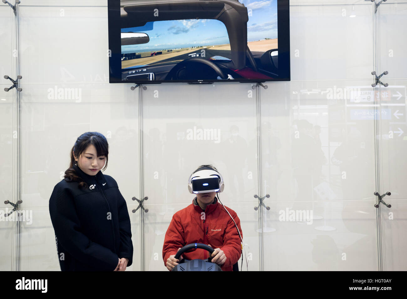 Tokyo, Japan. 13th Jan, 2017. Sony Interactive Entertainment Japan & Asiaha have Gran Turismo Sport PlayStation VR during the Tokyo Auto Salon 2017. Tokyo Auto Salon is Japan's largest show for custom cars with 417 automobile-related exhibitors displaying their latest cars, products. © Alessandro Di Ciommo/ZUMA Wire/Alamy Live News Stock Photo