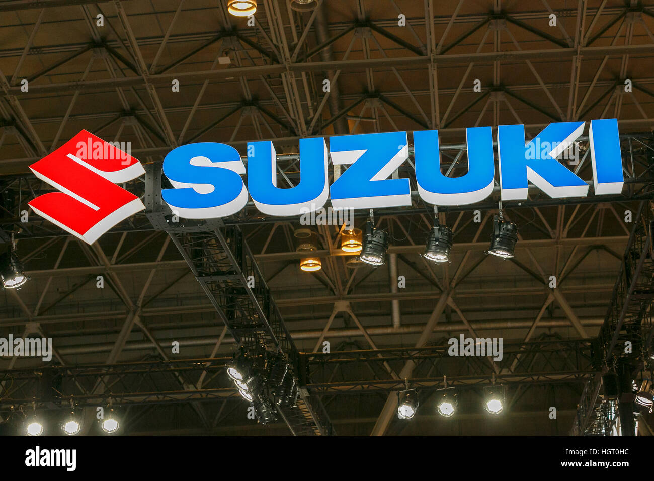 Tokyo, Japan. 13th Jan, 2017. A Suzuki logo is seen at Tokyo Auto Salon 2017 on January 13, 2017, Chiba, Japan. Tokyo Auto Salon is Japan's largest show for custom cars with 417 automobile-related exhibitors displaying their latest cars, products, and services during this year's three-day trade show. The show runs from January 13 to 15. © Rodrigo Reyes Marin/AFLO/Alamy Live News Stock Photo