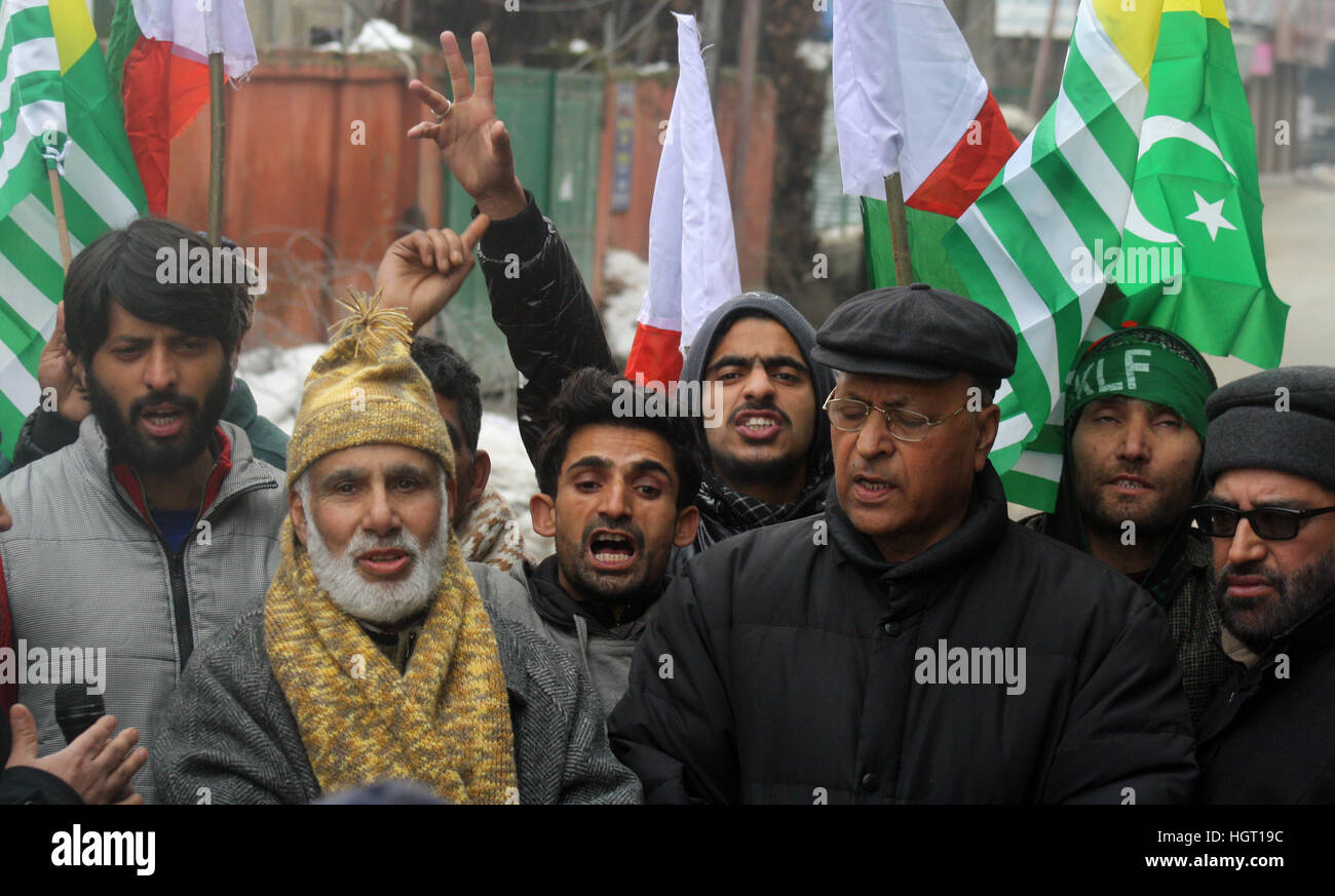 Srinagar, Kashmir. 13th January, 2017. Activist of Jammu and Kashmir Lineration Front ( JKLF) take out rally after friday prayers against, attacks on Muslims in Kathua by RSS and their goons who enjoy complete immunity and openly brandish their weapons to scare members of Muslim community.on the appeal of Joint Resistance Leadership people protested in large numbers outside Jamia Masjid and other parts of vally Muslims in Kathua and demanded immediate action against the culprits. © Sofi Suhail/Alamy Live News Stock Photo
