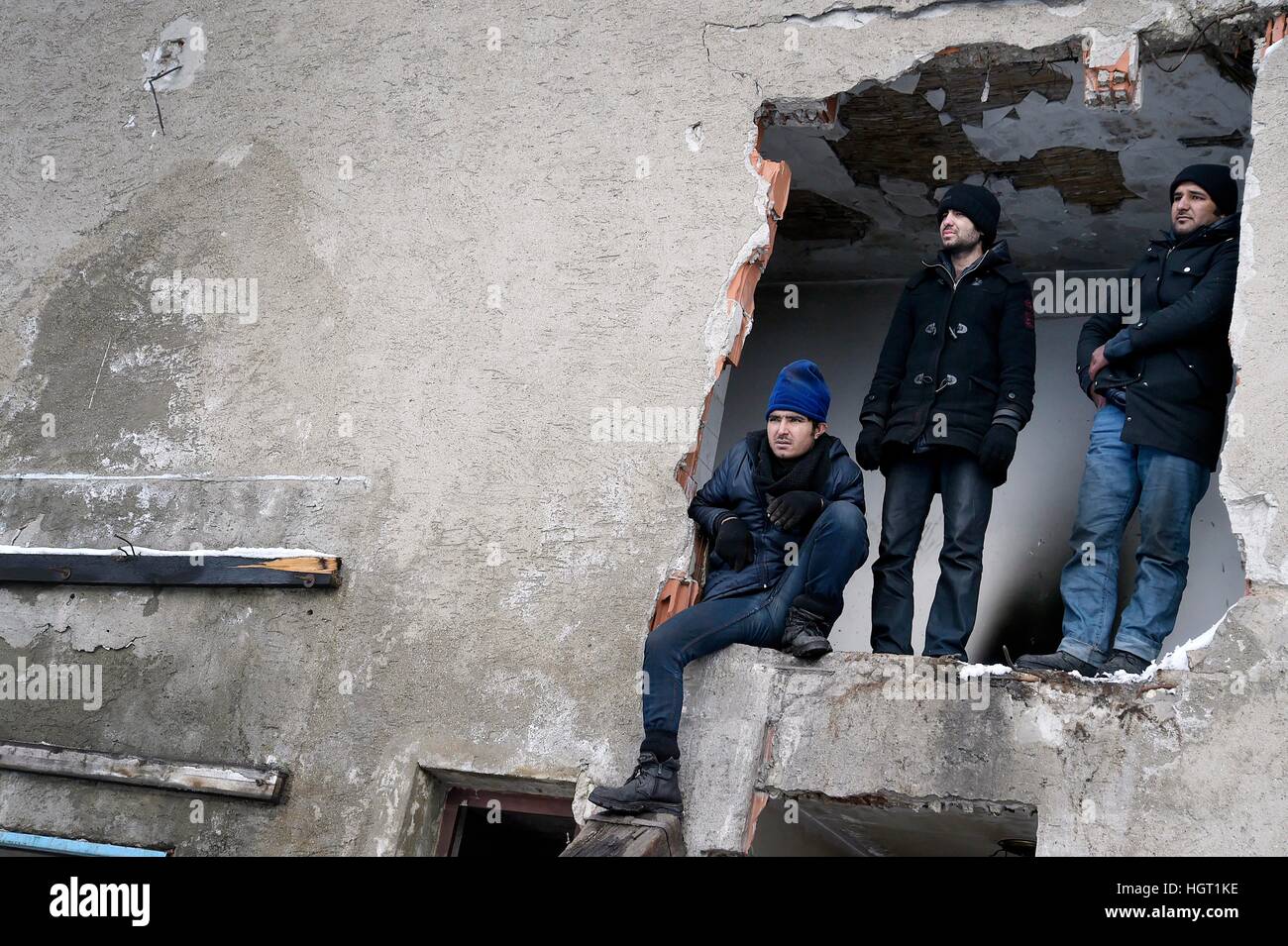 Europe, Serbia, Belgrade, 12 January 2017 : Thousands of Afghan migrants are stuck in the Serbian capital, living in abandoned warehouses, in inhuman conditions with temperatures that reach -15 degrees. Afghan migrants are waiting for months the possibility of opening of the Hungarian border of Serbia in order to access in Europe.    Photo © Danilo Balducci/Sintesi/Alamy Live News Stock Photo