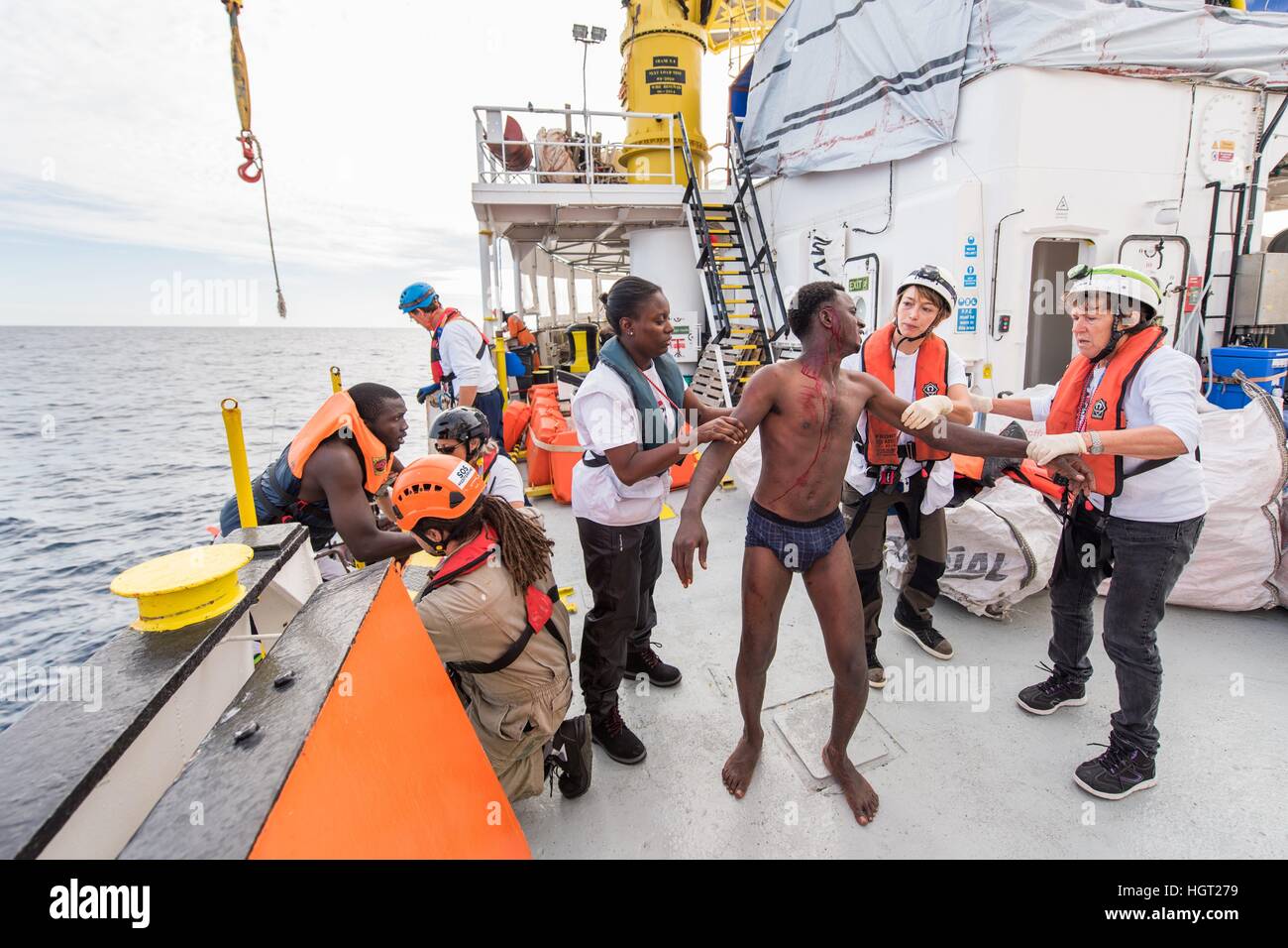 Refugees, who got rescued from distress at sea in international waters ...