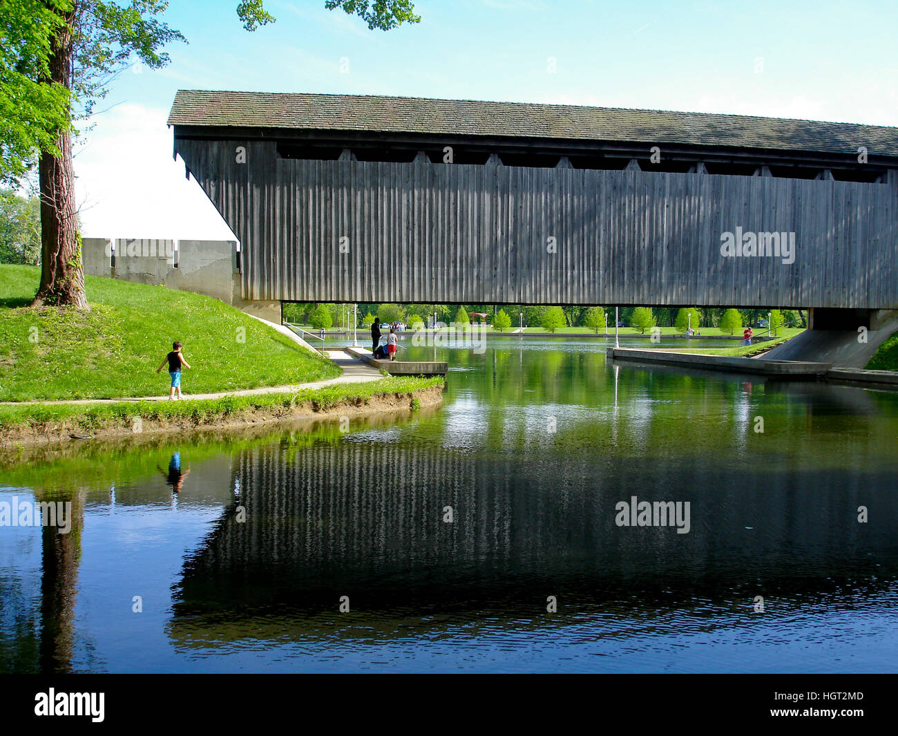 Covered bridge and pond in Mill Race Park, Columbus, Indiana Stock