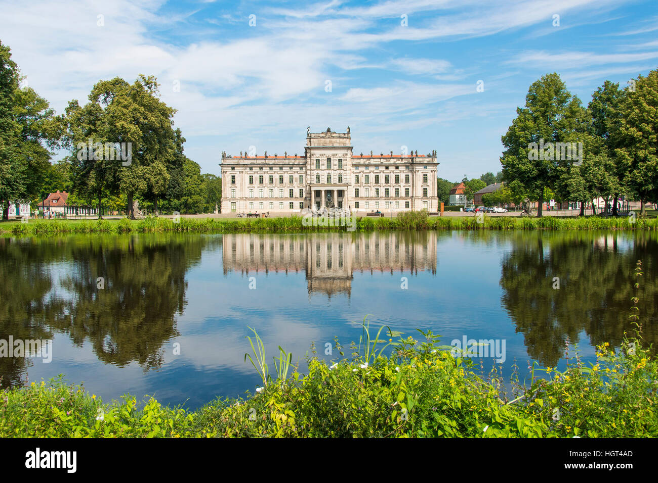 Ludwigslust Castle with pond and water reflection, Ludwigslust, Mecklenburg-Western Pomerania, Germany Stock Photo