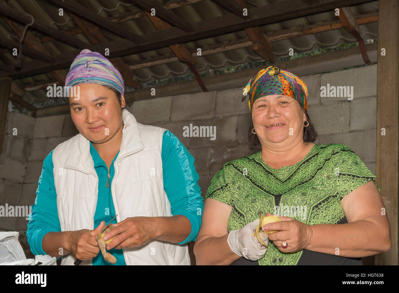 Kazakh women peeling potatoes, Almaty, Kazakhstan, Central Asia, Editorial Use only Stock Photo