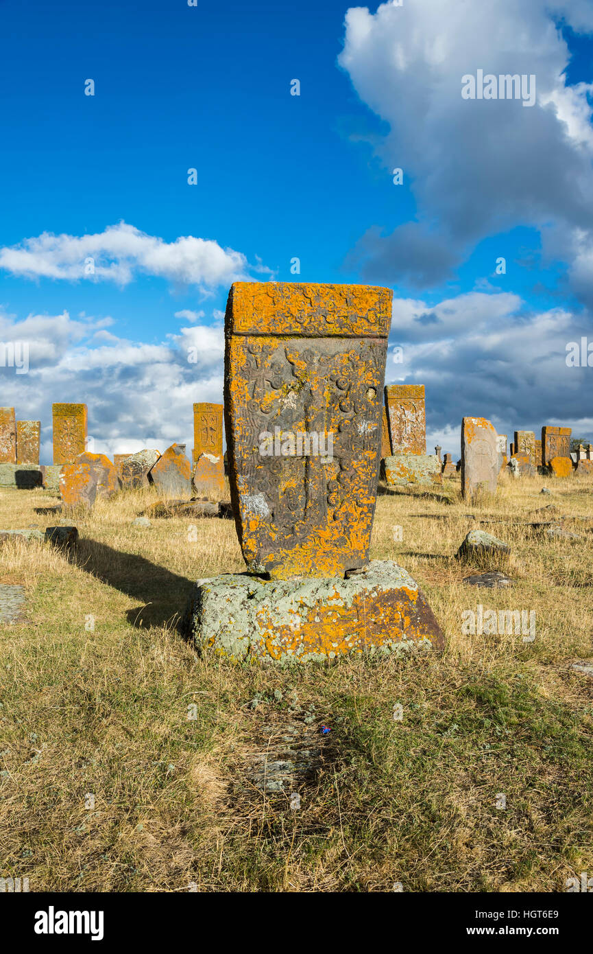 Medieval Khachkars carved memorial stele, Noratus cemetery, Sevan Lake, Gegharkunik province, Armenia, Caucasus, Middle East, Asia Stock Photo