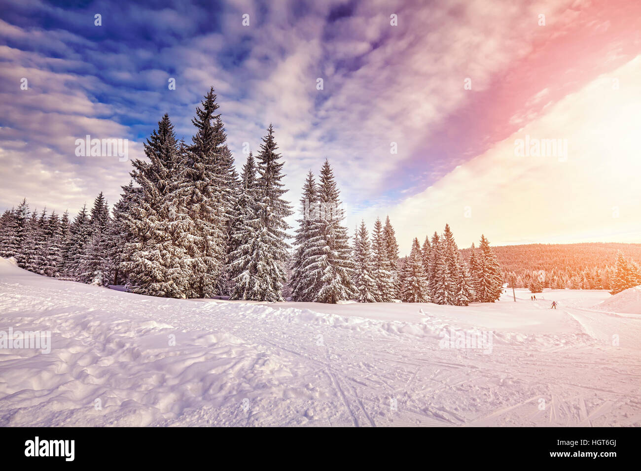 Color toned beautiful winter landscape at sunrise. Stock Photo