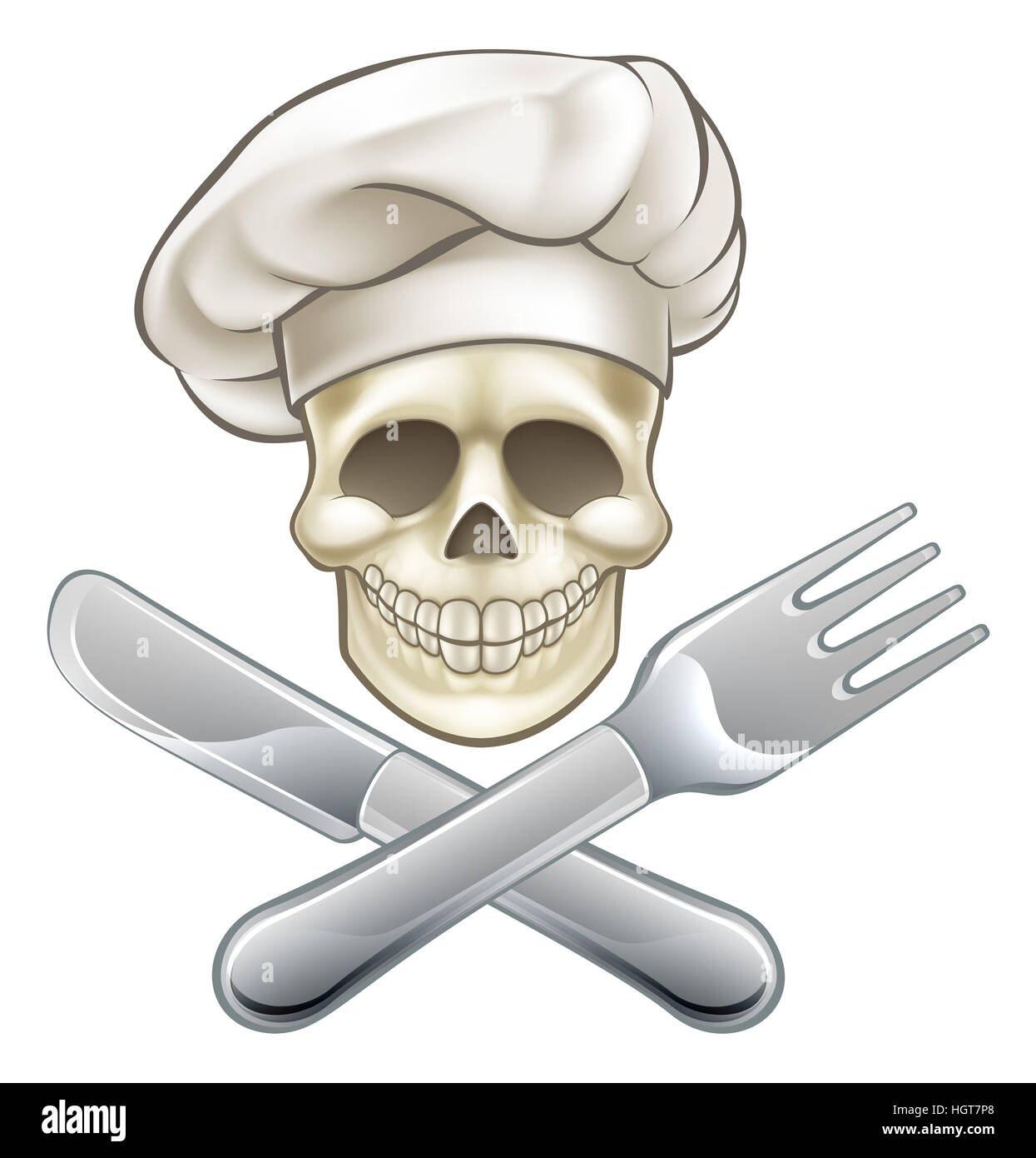 Cook cartoon pirate skull and crossbones with cross knife and fork and chef hat Stock Photo