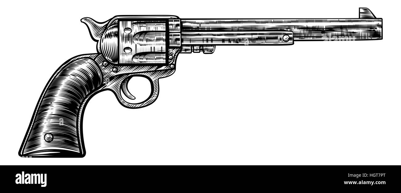 Gun revolver handgun six shooter pistol drawing in a vintage retro woodcut etched or engraved style Stock Photo